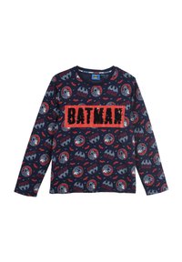 Langsleeve navy T-shirt met een herhalend patroon van het Batman-logo en de karakters, met een rode gestructureerde "BATMAN" patch op de borst.