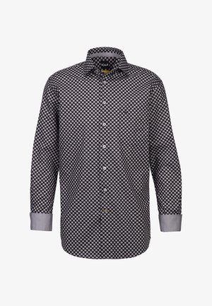 Schwarzes Langarmhemd mit einem weißen kreisförmigen Muster, mit einer Knopfleiste und kontrastierenden grauen Manschetten und Kragen. Aus Baumwollmaterial.