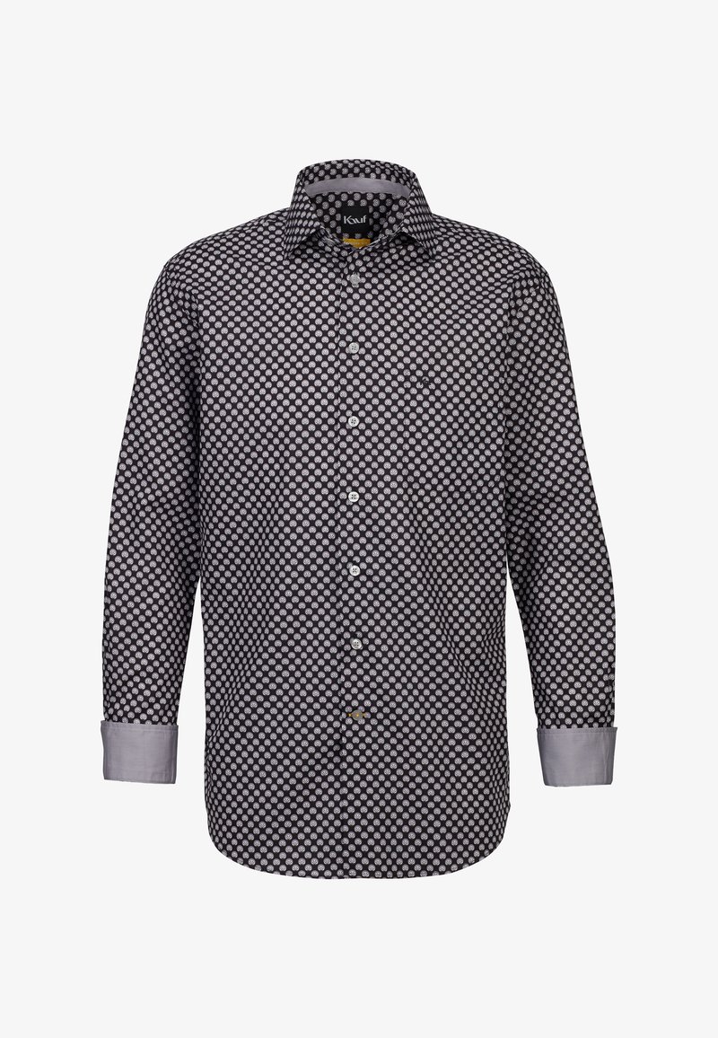 Camicetta a maniche lunghe nera con un motivo circolare bianco, con chiusura a bottoni e polsini e colletto grigi a contrasto. Materiale in cotone.