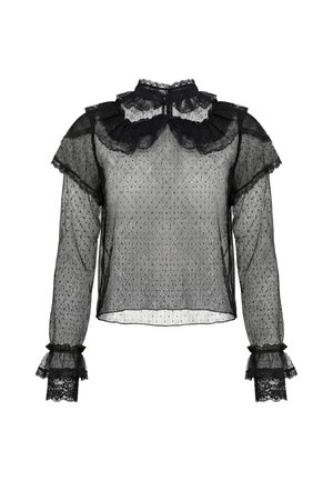 Zwarte doorschijnende blouse met polkadots, hoge geplooide kraag, lange mouwen en kanten volantdetails op borst en manchetten.