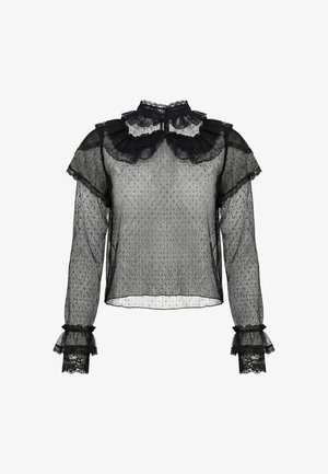 Zwarte doorschijnende blouse met polkadots, hoge geplooide kraag, lange mouwen en kanten volantdetails op borst en manchetten.