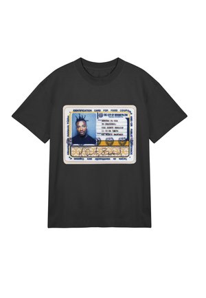 Black t-shirt featuring a printed identification card design with a blue background, white border, and colorful text details.
