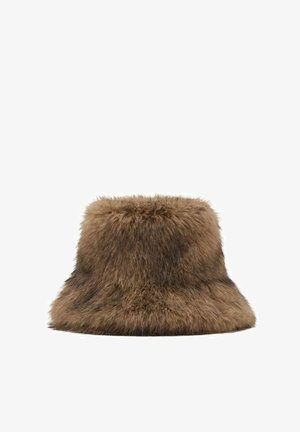 Brown fluffy faux fur bucket hat with a soft texture and a wide brim, shown against a white background.