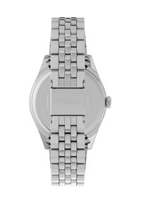 Reloj de pulsera de acero inoxidable plateado con una pulsera de eslabones pulidos y una caja redonda. La parte posterior muestra "TIMEX" grabado en una superficie suave.