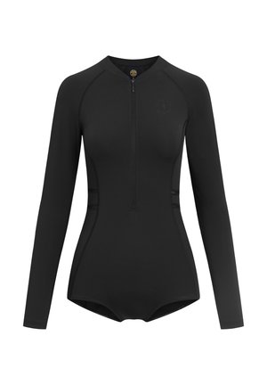 Schwarzer Damen-Neoprenanzug mit langen Ärmeln, Frontreißverschluss und rundem Ausschnitt, entwickelt für Wassersport und aktive Freizeitgestaltung.