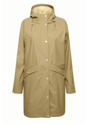 Chaki lietpaltis su kapišonu, spaudžiamais mygtukais, dviem priekinėmis kišenėmis ir šiek tiek laisvu įsiliejimu. Pagamintas iš vandeniui atsparios medžiagos su glotnia tekstūra.