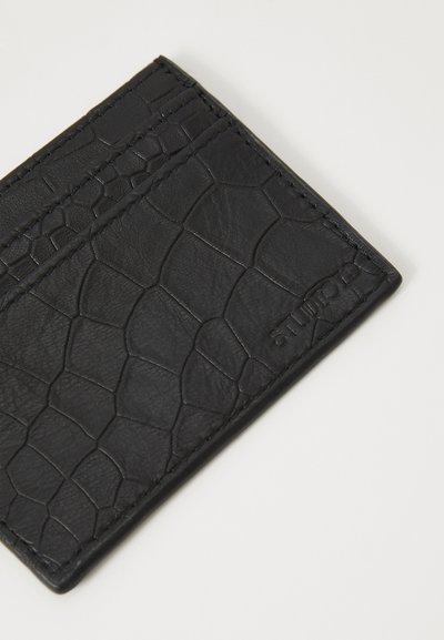 Black cardholder made from textured leather with a crocodile pattern, features multiple card slots and subtle branding on one side.