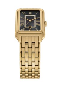 Montre rectangulaire dorée avec un cadran noir, des chiffres romains, un affichage de date et un bracelet en maillons métalliques brossés entrelacés.