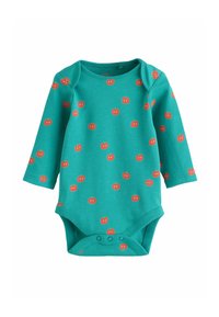 Turkoosi pitkähihainen vauvan body, jossa on toistuva punainen tomaattikuvio, pyöreä pääntie ja nepparit alaosassa.