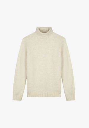 Cremefarvet turtleneck sweater lavet af struktureret strikket stof. Har lange ærmer og ribbet kant ved håndled og bund. Enkel, klassisk design.