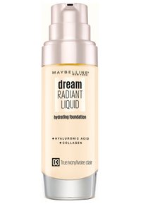 Maybelline Dream Radiant Liquid hydrating foundation in a transparent glass bottle with a pump, light ivory shade, silver cap, and clear labeling.