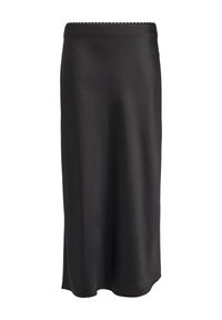 Zwarte, knie-lange rok van een gladde, soepele stof met een scalloped tailleband. Rechte silhouet, geen zichtbare patronen of versieringen.