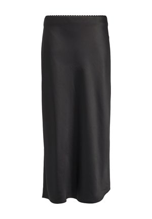 Jupe noire mi-longue en tissu lisse et élégant avec une taille à bords festonnés. Silhouette droite, sans motifs ni embellissements visibles.