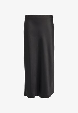 Black, knee-length skirt in a sleek, smooth fabric with a scalloped waistband. Straight silhouette, no visible patterns or embellishments.