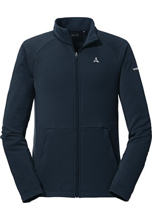 Marineblaue Fleecejacke mit Reißverschluss, hohem Kragen, strukturiertem Stoff, elastischen Bündchen und zwei Vorderaschen. Mit einem Logo auf der Brust.