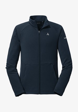 Marineblaue Fleecejacke mit Reißverschluss, hohem Kragen, strukturiertem Stoff, elastischen Bündchen und zwei Vorderaschen. Mit einem Logo auf der Brust.