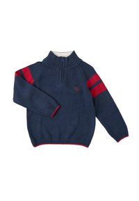Suéter pullover de punto en color azul marino con acentos rojos en las mangas, alto cuello de canalé, cremallera de un cuarto y dobladillo de canalé. Presenta un detalle de logo.