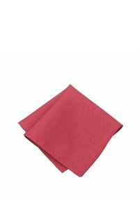 Red fabric pocket square with small white polka dots, folded neatly on a white background.