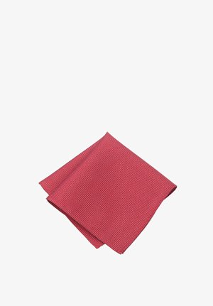 Red fabric pocket square with small white polka dots, folded neatly on a white background.