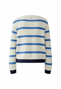 Helles beiges Sweatshirt mit horizontalen blauen Streifen, rundem Ausschnitt, langen Ärmeln und einem navy-gerippten unteren Saum. Sauber strukturierter Strick.