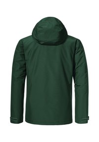 Grüne wasserdichte Jacke mit Kapuze, ausgestattet mit einer glatten Textur, langen Ärmeln und einem Klettverschluss zur Anpassung an den Manschetten. Rückansicht dargestellt.