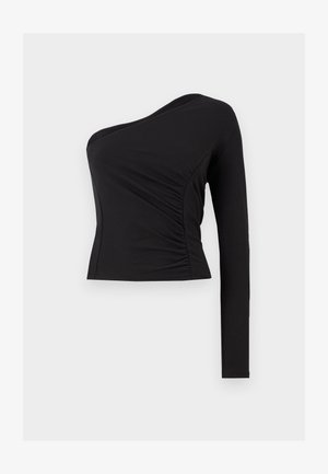 Top negro de un hombro hecho de tejido elástico. Presenta una manga larga en un lado y fruncidos en el lateral para añadir textura. Bajo recto.