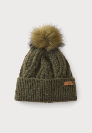 Roheline soonikkoega talvemüts palmikumustriga, soonikkoega ääris, suur pruun kunstkarvadega pompom ja väike Barbour Englandi logo silt.
