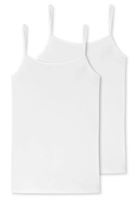 Two white cotton camisoles with thin straps, featuring a smooth texture and a simple, straight-cut design. No patterns or embellishments.