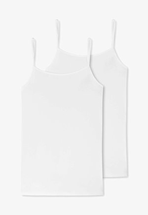 Zwei weiße Baumwoll-Camisoles mit dünnen Trägern, die eine glatte Textur und ein schlichtes, geradliniges Design aufweisen. Keine Muster oder Verzierungen.
