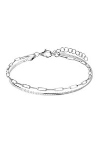 Zilveren armband met twee kettingontwerpen: een platte schakelketting en een curb ketting, met een kreeftsluiting en een verstelbare maatketting.