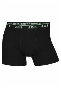 Boxers negros hechos de una tela suave, con una cinturilla elástica verde que presenta el logo "JBS". Diseño simple, forma ajustada, textura suave.