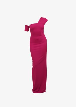Figurbetontes, einseitiges Abendkleid in leuchtendem Pink. Aus glattem Stoff mit knielangem Saum gefertigt. Verfügt über eine Rüsche als Akzent an der Schulter.