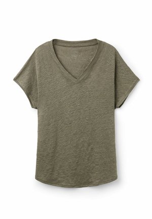 Oliven grøn V-hals t-shirt lavet af letvægts, tekstureret stof med korte ærmer og en afslappet pasform. Sømmene er afrundede i bunden.