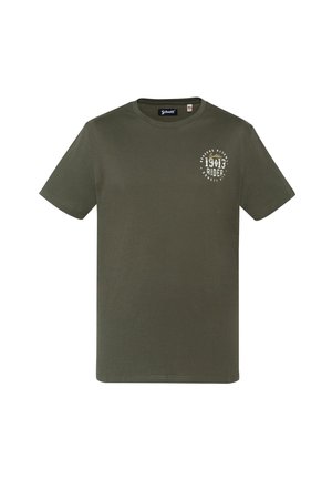 Kortærmet T-shirt i olivengrøn bomuld med rund hals og lille hvidt trykt logo med teksten "Custom 1943 Rider" på venstre bryst.