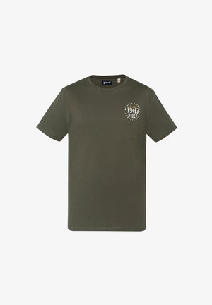 Olivgrünes Baumwoll-T-Shirt mit kurzen Ärmeln, Rundhals und kleinem weißen Aufdruck mit dem Logo "Custom 1943 Rider" auf der linken Brust.