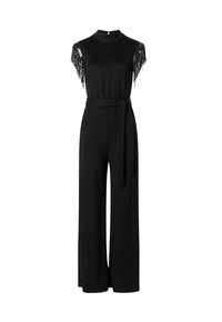 Zwarte jumpsuit met een hoge hals, korte mouwen versierd met franjes, wijde broekspijpen en een strakke tailleband voor een mooie vorm.