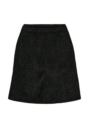 Sort kordnederdel med elastisk taljebånd, der har en lodret ribbet tekstur og en udvidet form. Kant afsluttes ved midt på låret.