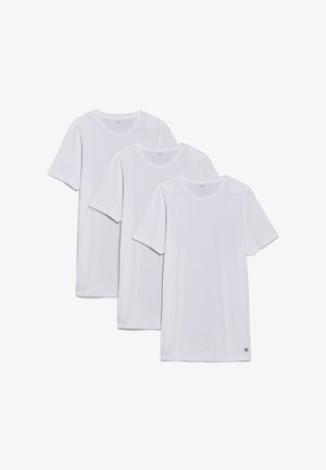 White cotton t-shirts in a pack of three. Short sleeves, crew neck design, smooth texture, with a small printed logo on the bottom left.