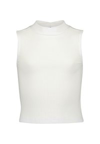 Haut sans manches blanc en maille côtelée avec un col montant et un design ajusté. Texture lisse et léger effet stretch ; l'ourlet se situe juste au-dessus de la taille.