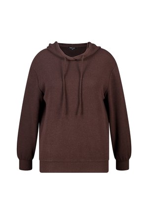 Bruine capuchontrui met een geribbeld textuur, een relaxte pasvorm en trekkoorden bij de hals. Lange mouwen en elastische manchetten.