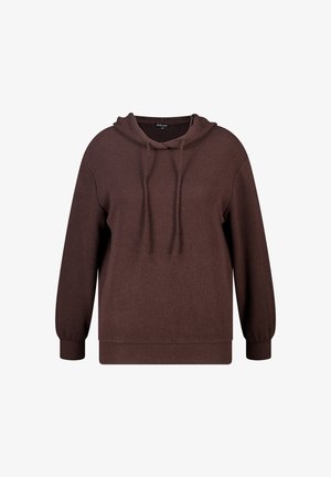 Bruine capuchontrui met een geribbeld textuur, een relaxte pasvorm en trekkoorden bij de hals. Lange mouwen en elastische manchetten.