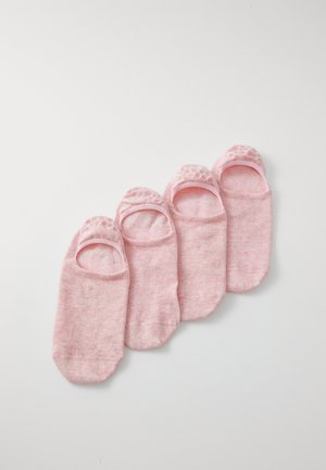 Four pairs of light pink, ankle-length socks. Knitted fabric, subtle texture, and non-slip dotted grips on the heels for added traction.