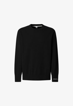 Must värvi kootud kudumistik, millel on klassikaline ümar kaelus, pikad varrukad ja ribakujulised mansetid; vasakul varrukal on väike logo.