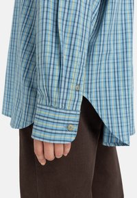 Blauwe en gele geruite button-up shirt met een relaxte pasvorm, lange mouwen en knopenmanchetten. Katoenen stof met een zachte textuur, voorzien van een ronde zoom.