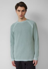 Hellblaues, gestricktes Sweatshirt mit einem strukturierten Muster, Rundhalsausschnitt und gerippten Bündchen. Verfügt über Raglanärmel und eine lockere Passform.