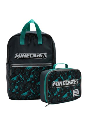 Sort og teal Minecraft rygsæk og madkasse sæt med pixelated Ender Dragon mønster og fed Minecraft logo foran.