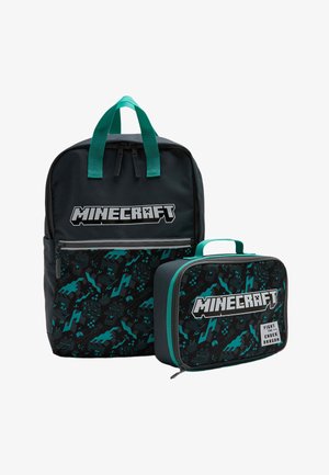 Zwart en turquoise Minecraft rugzak en lunchbox set met gepixeld Ender Dragon-patroon en vet Minecraft-logo aan de voorkant.