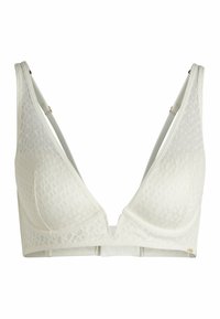 White bralette featuring a textured lattice pattern, plunging v-neck design, adjustable straps, and a smooth underband.