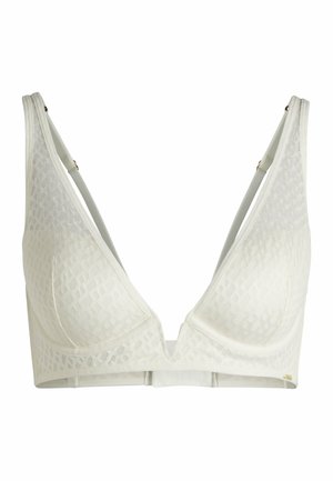 Bralette blanc avec un motif de treillis texturé, un décolleté en V plongeant, des bretelles ajustables et une bande inférieure lisse.