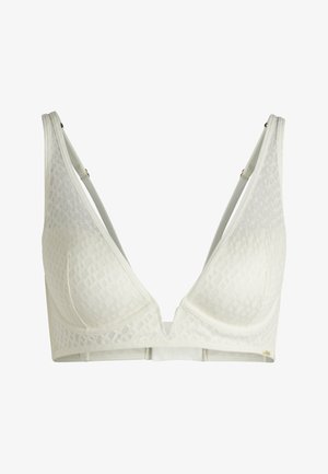 Valkoinen bralette, jossa on teksturoitu ristikkokuvio, syvä V-pääntie, säädettävät olkaimet ja sileä alaosa.